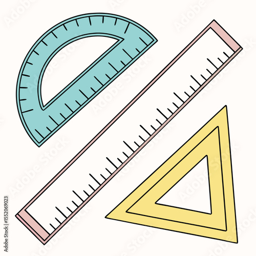 Ruler, protractor, and triangle display common tools needed for drawing and measurement