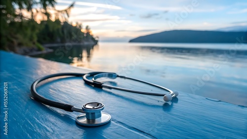 Fototapeta Naklejka Na Ścianę i Meble -  Stethoscope resting on a weathered blue surface overlooking a serene ocean landscape at sunset