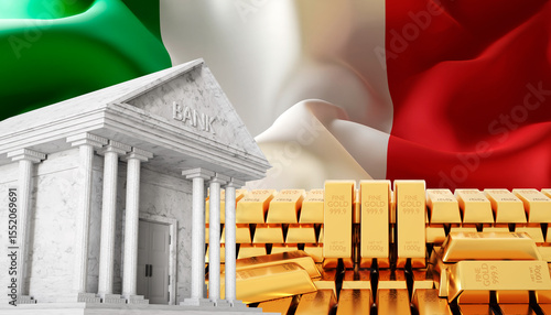 Fototapeta Naklejka Na Ścianę i Meble -  Gold bullions and bank building with flag of Italy. Golden reserve concept