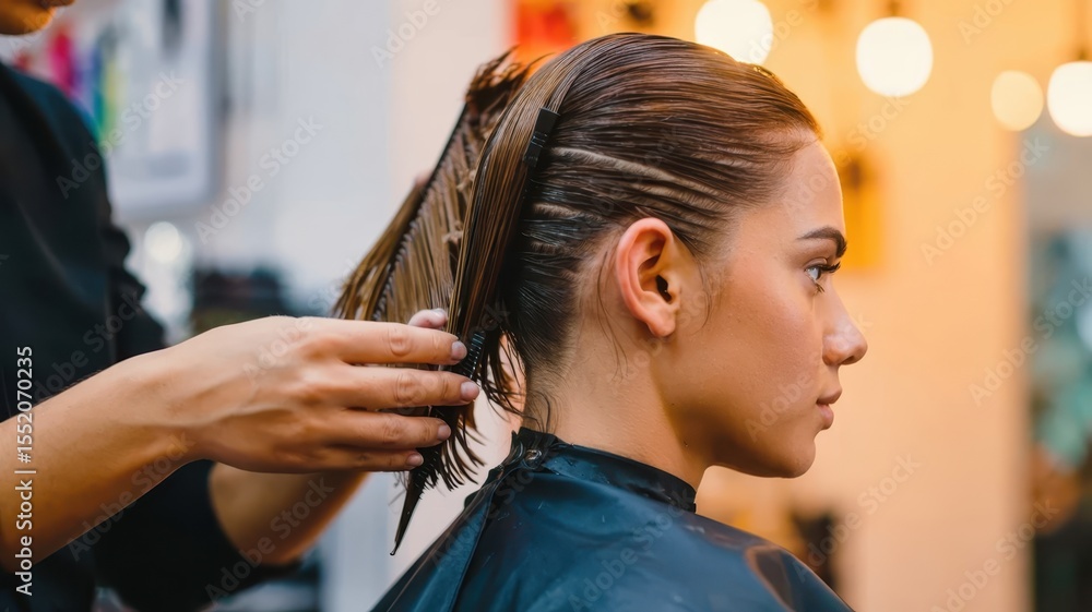 Fototapeta premium A professional hairstylist uses a comb to section and style a client's brunette hair. Close-up shot of the hands at work in the salon.