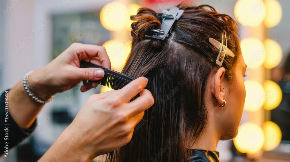 Fototapeta premium A professional hairstylist uses a comb to section and style a client's brunette hair. Close-up shot of the hands at work in the salon.