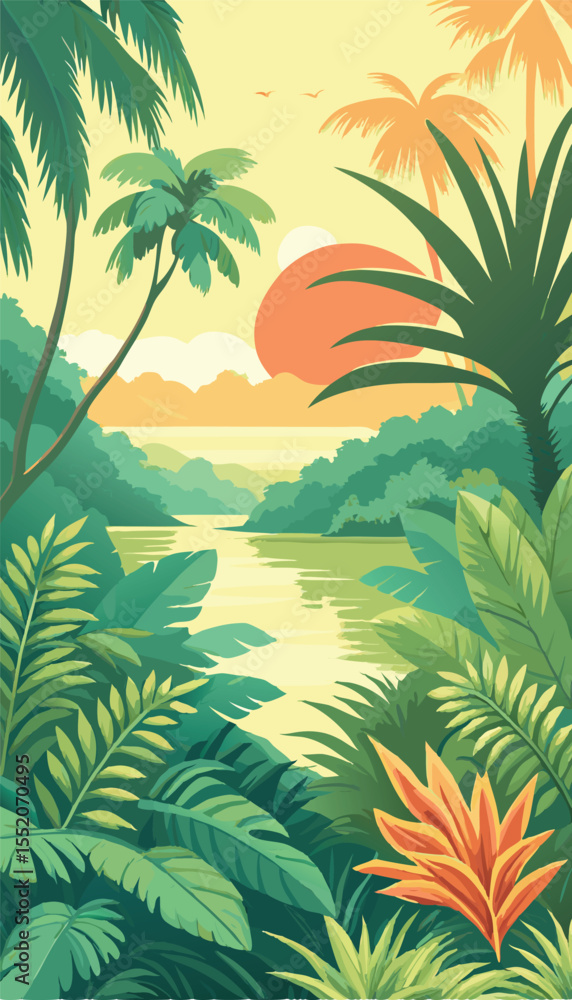 Fototapeta premium Beautiful Tropical Jungle Landscape with Sunset Sky. Vector illustration