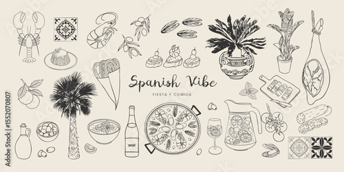 Spanish vacation vibe set in trendy sketch style. Hand drawn Mediterranean paella, sangria, tapas, churros, lobster, mussels, chorizo, tile, jamon. Coastal collection for card, print, menu design.