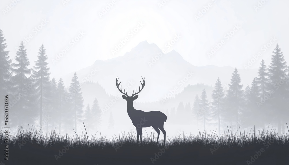 Fototapeta premium Majestic Scene Of Deer Family In Meadow: Silhouette Of Animals, Trees, Grass, Misty Landscape With Fog And Mountains. Gray Bookmark