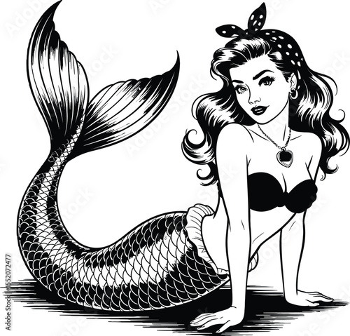 Retro Pin-Up Mermaid Illustration in Black and White Vector Style