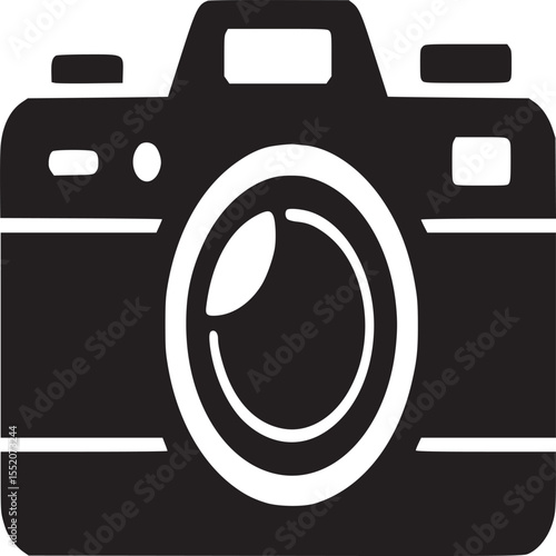 A simplistic black and white illustration of a digital camera with a large lens design