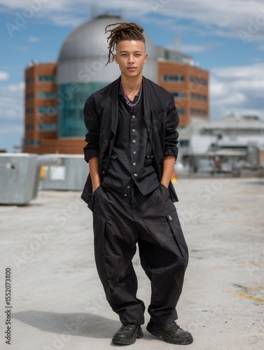 Young stylish man with dreadlocks dressed in all black on rooftop with city background
