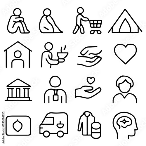 High quality and unique Homelessness, Social Aid line icon set
