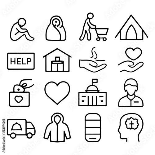 High quality and unique Homelessness, Social Aid line icon set