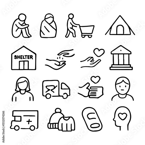 High quality and unique Homelessness, Social Aid line icon set