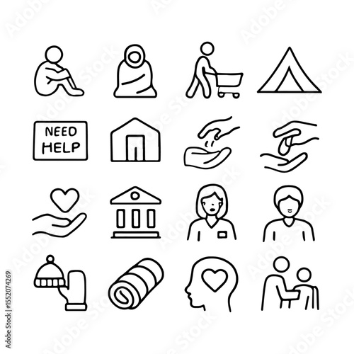 High quality and unique Homelessness, Social Aid line icon set
