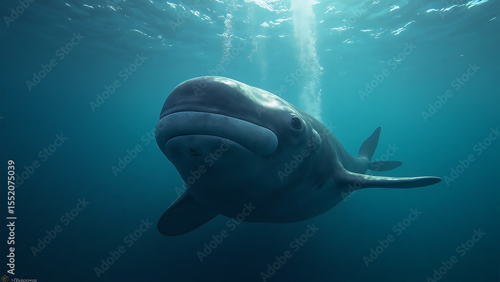 Obraz premium A beluga whale glides effortlessly through the clear blue waters of the Arctic, showcasing its unique shape and gentle demeanor as it explores its underwater habitat.