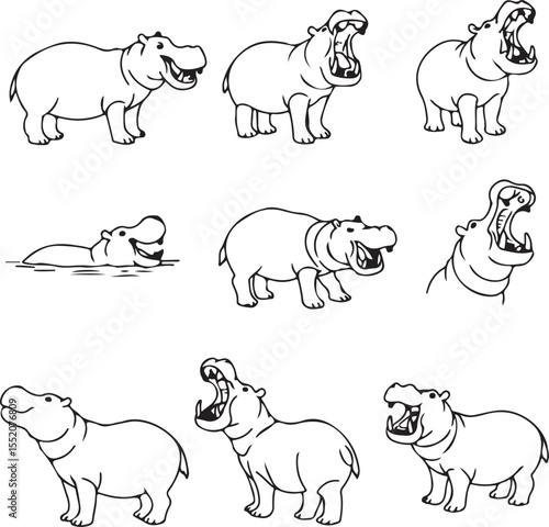 Hippopotamus Line Art: Nine Poses for Animation or Illustration