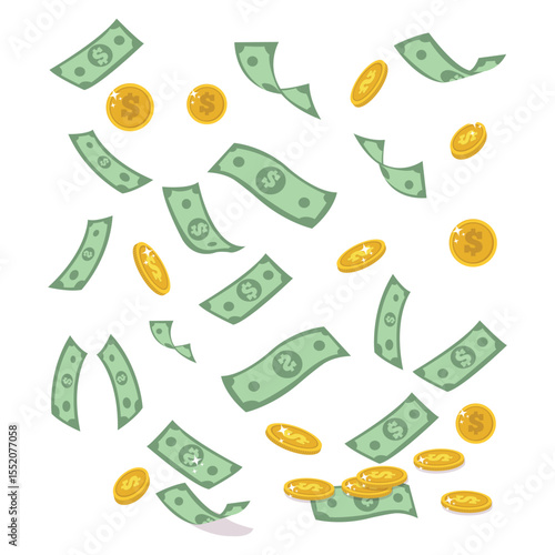 Cartoon illustration of falling money: dollar bills and gold coins, cheerful, financial success concept.