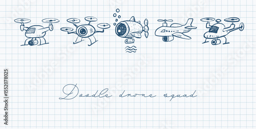 Vector doodles of creative flying and underwater drones drawn in blue pen on grid paper