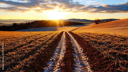 a winter agricultural field covered in light frost, low golden sunlight reflecting off icy soil texture, furrows from earlier plowing still visible, fog gathering near horizon, quiet rural vibe,