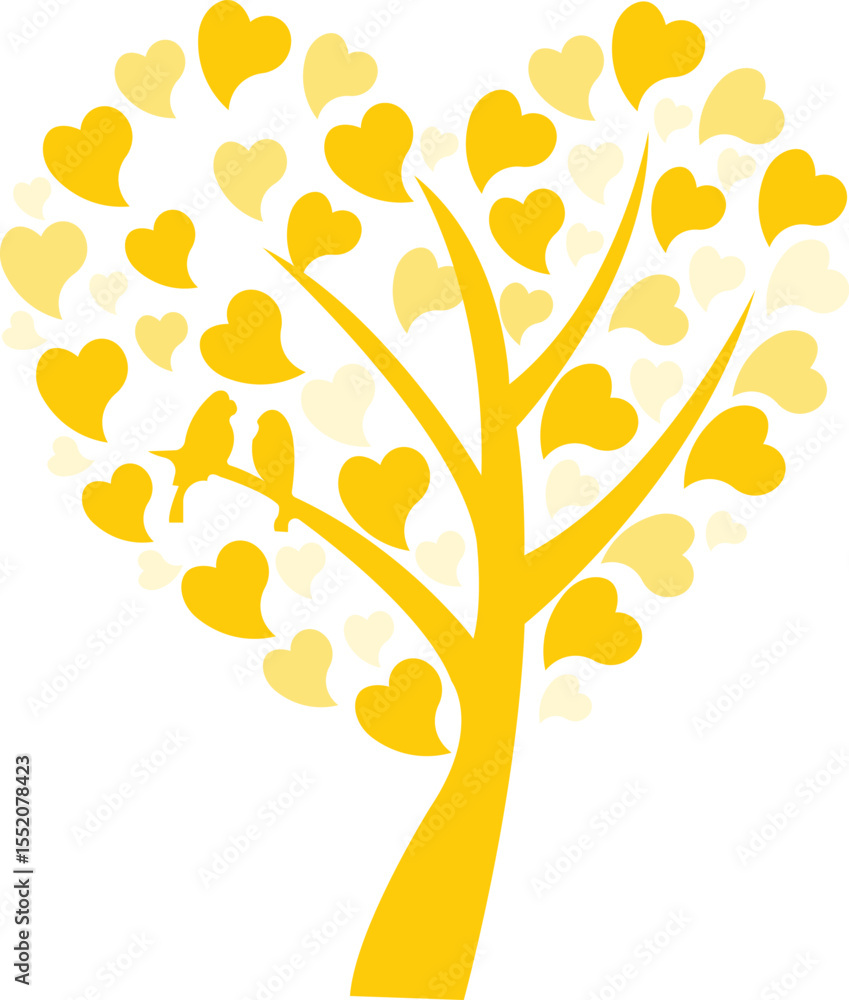 Obraz premium Yellow Heart Tree Clipart, Romantic Tree with Heart Leaves and Birds