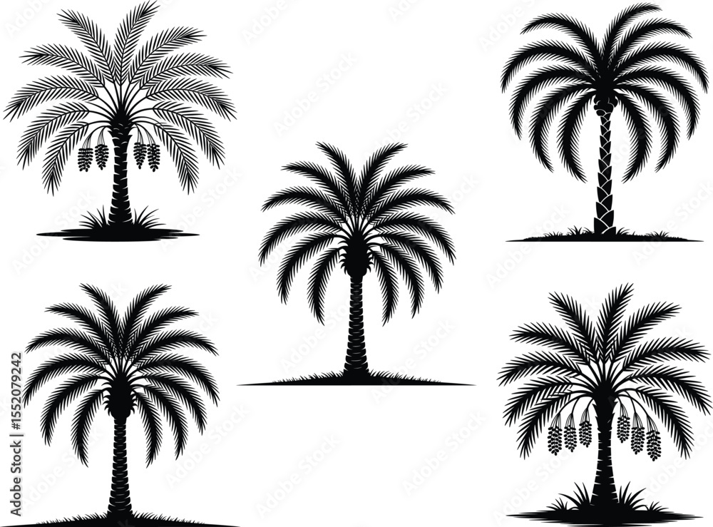 Fototapeta premium Palm Tree Silhouette Set, Tropical Vector Icons for Beach and Nature Designs.