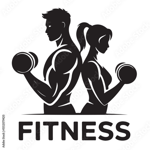 Set of cartoon sports and fitness icons featuring people holding a dumbell