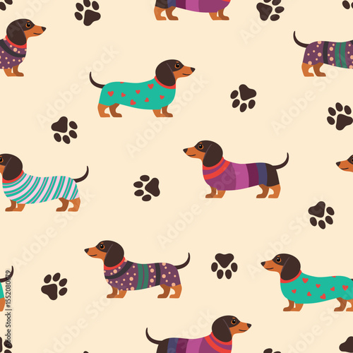 Seamless dachshund pattern with colourful sweaters on beige for playful fabric and decor