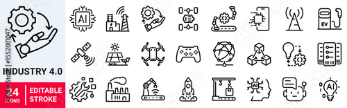 Industry 4.0 web line icons. industrial revolution, smart factory, digital transformation, smart machine, automation and technology.