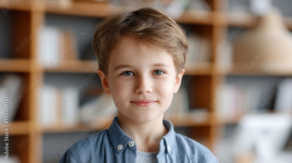 A young boy with a blue shirt and brown hair is smiling for the camera. The room he is in has a lot of bookshelves, and there are many books on the shelves A young boy with a blue shirt and brown hair is smiling for the camera. The room he is in has a lot of bookshelves, and there are many books on the shelves