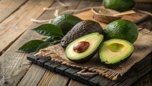 Fresh Ripe Avocados With Leaves on Wooden Board and Burlap