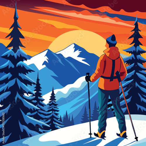 Skier on Snowy Mountain Slope in Bright Winter Light – Adventure and Alpine Sports Scene.