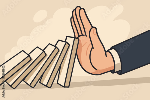 Businessman hand stopping the domino effect, a concept for crisis management and risk prevention. Leadership strategy and solution to interrupt a chain reaction. Vector cartoon.