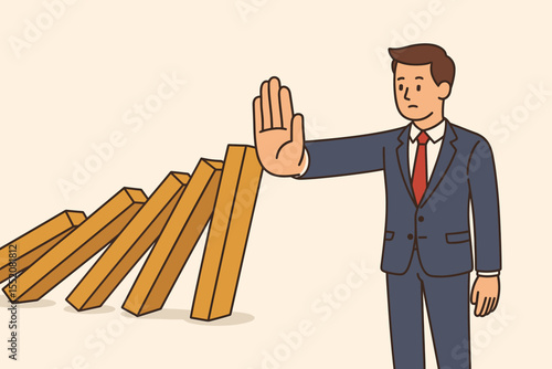 Businessman stopping the domino effect. Metaphor for business crisis prevention and risk management. Leader hand stopping a chain reaction. Solution and intervention strategy.