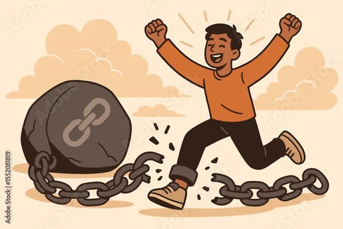 Man breaking free from a heavy ball and chain, a metaphor for overcoming addiction, bad habits, or debt. Personal growth, liberation, freedom, and success. Vector illustration.