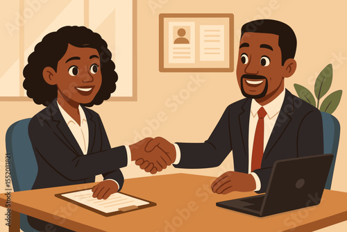 Black African-American businesswoman and businessman shaking hands in office. Concept of a successful job interview, partnership agreement, closing a deal, and business negotiation. Vector.