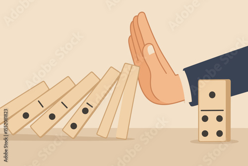 Businessman hand stopping the domino effect. Business crisis prevention and risk management concept. Manager intervention to stop chain reaction. Strategy and solution metaphor.