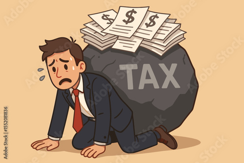 Burdensome taxes and debt concept. Stressed businessman is crushed under the heavy weight of a stone with bills. Financial crisis, economic pressure and payment problems metaphor.