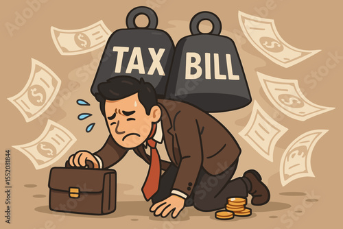 Financial burden metaphor. Businessman crushed under the heavy weight of tax and bill debt. Concept of financial crisis, recession, and bankruptcy. Stressed man struggling with expenses.