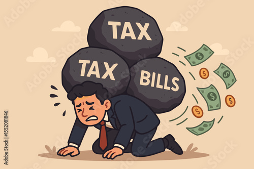 Stressed businessman crushed by heavy tax and bills burden. Metaphor for financial crisis, debt, and economic pressure. Struggling character losing money. Cartoon vector concept.