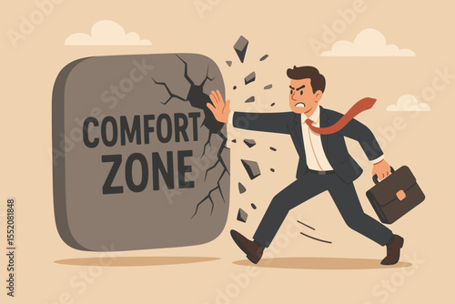 Breaking free from comfort zone vector concept. Businessman struggling to overcome habits and routines. Personal growth, challenge, change, self improvement and success metaphor.