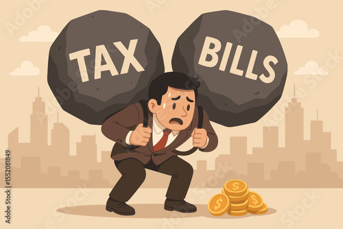 Businessman struggling under the heavy weight of tax and bills. Metaphor for financial burden, debt crisis, and economic pressure. Stressed man with money problems. Bankruptcy concept.