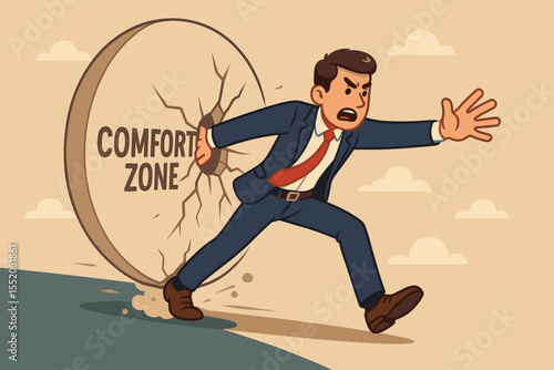 Businessman breaking free from his comfort zone. Man struggling to push a heavy stone, overcoming habits and routines. Metaphor for personal growth, challenge, and change.