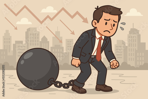 Stressed businessman chained to a heavy ball, a metaphor for debt and financial burden. Concept of economic crisis, business failure, recession, bankruptcy, and market crash pressure.