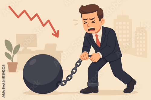 Businessman chained to a heavy ball, a metaphor for debt and financial burden. Concept of business failure, economic crisis, recession, and professional obstacles. Stress and pressure.