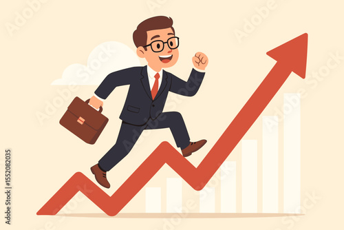 Businessman running up a rising arrow graph. Business success, career growth, and financial achievement concept. Man climbing chart symbolizing stock market profit and investment.