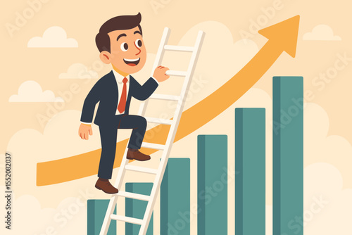 Ambitious businessman climbing ladder to success on bar chart. Career growth, professional achievement, business opportunity, upward graph, success concept. Vector illustration for progress, goals