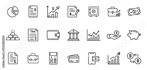 Business & Finance icon set. Vector line pictograms of money, investment, wallet, banking, credit card, statistics, budget planning, taxes, and business management illustration.