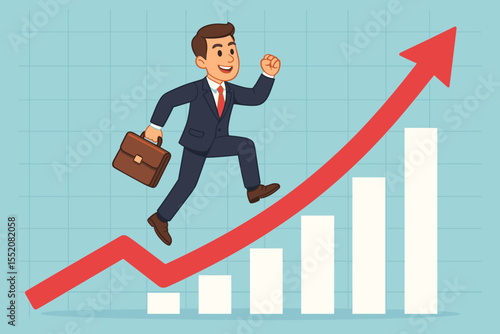 Businessman running up a rising arrow graph, symbolizing financial success and career path development. Cartoon manager character climbing for promotion and stock market growth.
