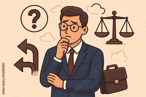 Thoughtful businessman contemplating difficult business decisions, analyzing options and priorities, making strategic choices, dilemma concept, vector cartoon illustration.