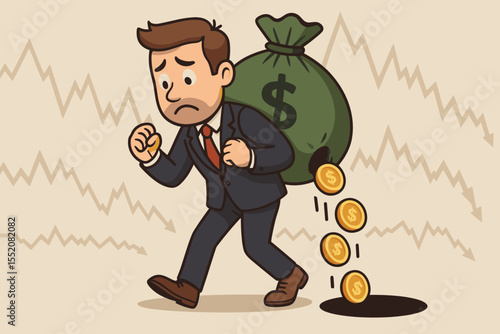 Worried businessman carrying heavy money bag losing coins, financial loss, bankruptcy, debt crisis, recession concept, cartoon vector illustration, economic downturn, business failure metaphor