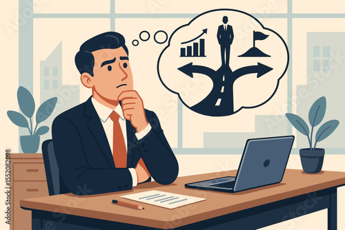 Businessman contemplating career path choice at an office desk. A man thinking about the future, facing a crossroads dilemma. Concept of decision making, strategy, opportunity and growth.