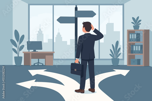 Confused businessman at office crossroads choosing career direction. Concept of business decision making, opportunity, leadership, future path, strategy. Vector illustration modern workplace dilemma