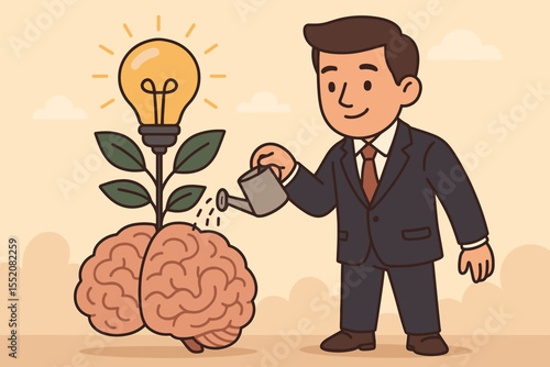 Businessman watering brain plant with lightbulb, nurturing innovative ideas, creativity growth, personal and professional development, concept of inspiration, knowledge, cartoon vector illustration